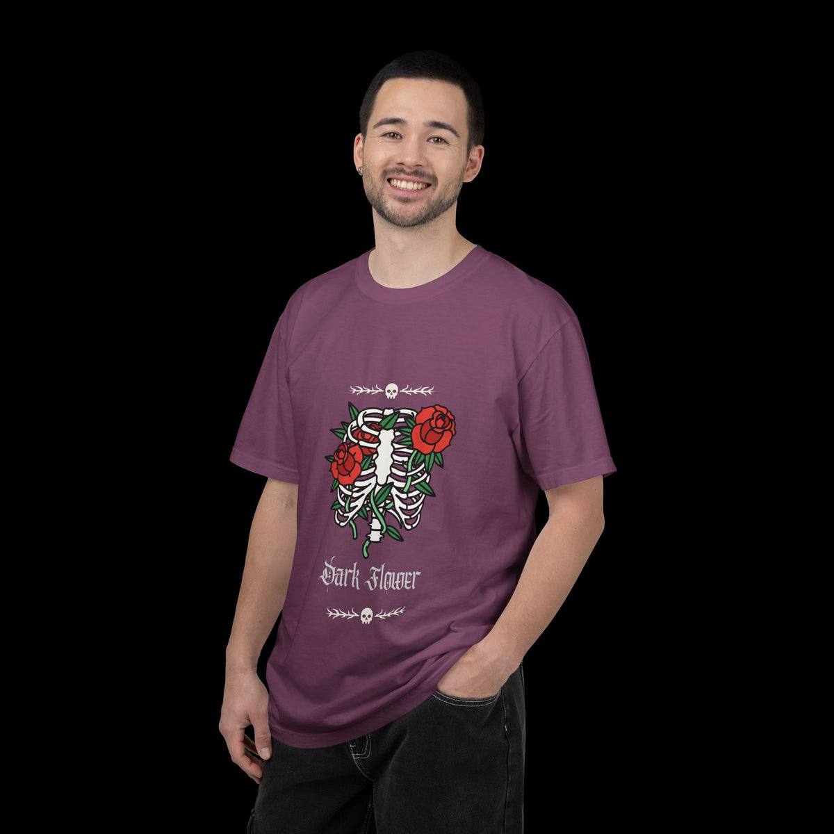 Dark Flower Ribcage Skeleton with Red Roses Graphic Tee