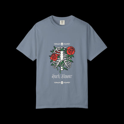 Dark Flower Ribcage Skeleton with Red Roses Graphic Tee