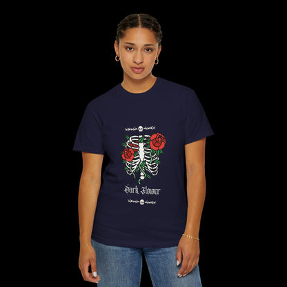 Dark Flower Ribcage Skeleton with Red Roses Graphic Tee