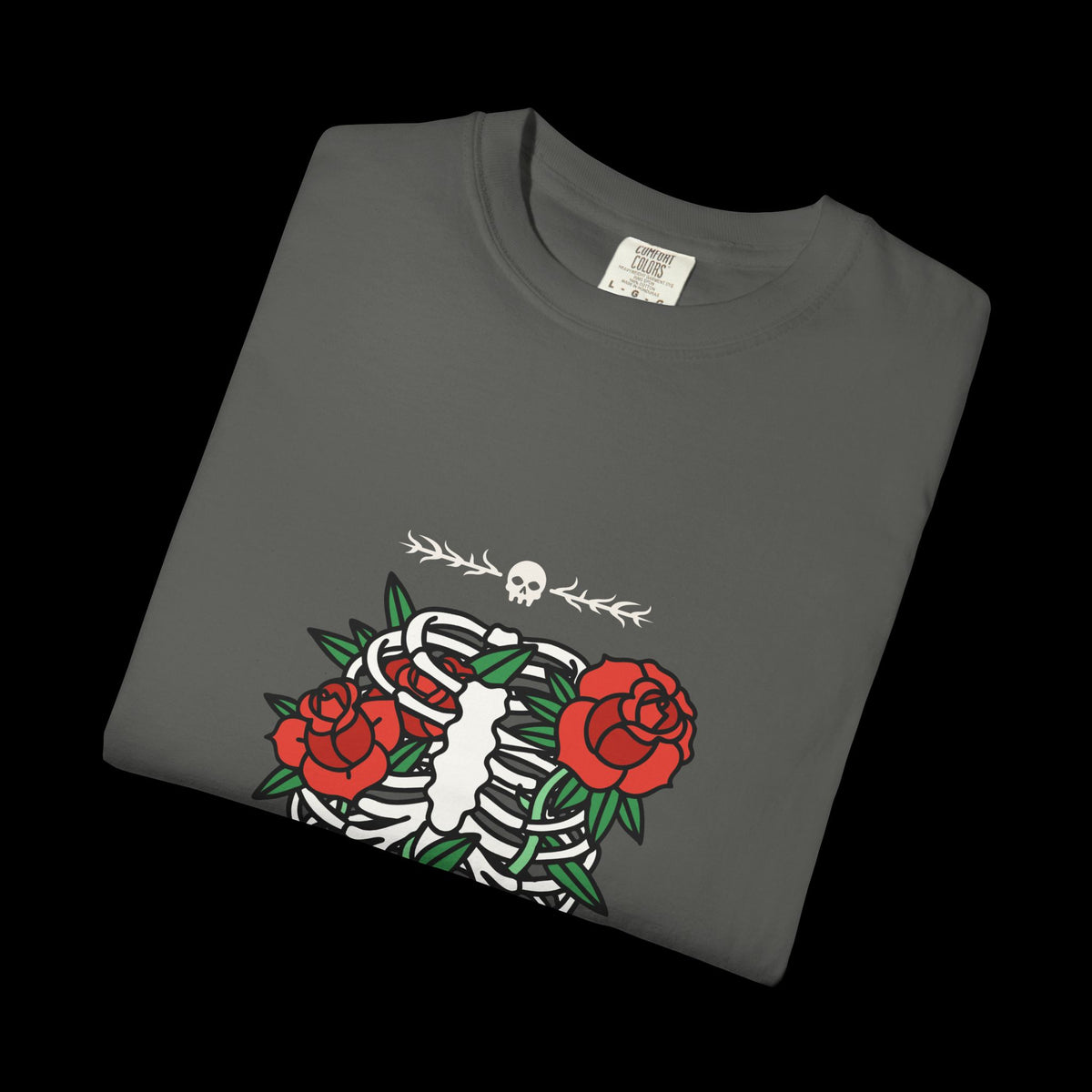 Dark Flower Ribcage Skeleton with Red Roses Graphic Tee