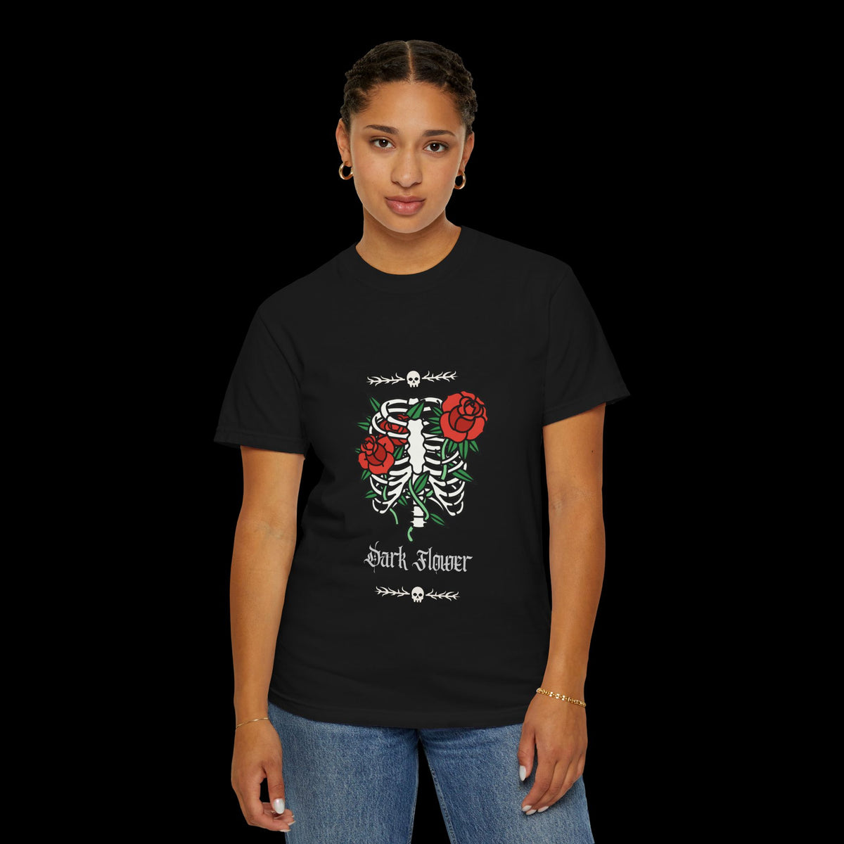 Dark Flower Ribcage Skeleton with Red Roses Graphic Tee