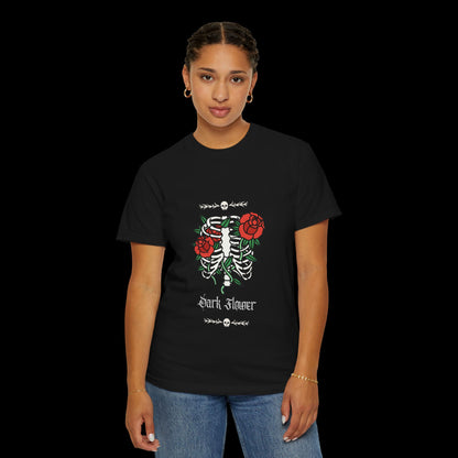Dark Flower Ribcage Skeleton with Red Roses Graphic Tee