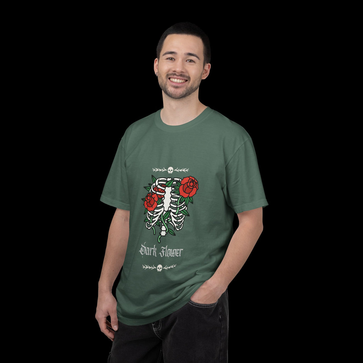 Dark Flower Ribcage Skeleton with Red Roses Graphic Tee