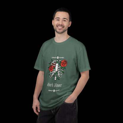 Dark Flower Ribcage Skeleton with Red Roses Graphic Tee