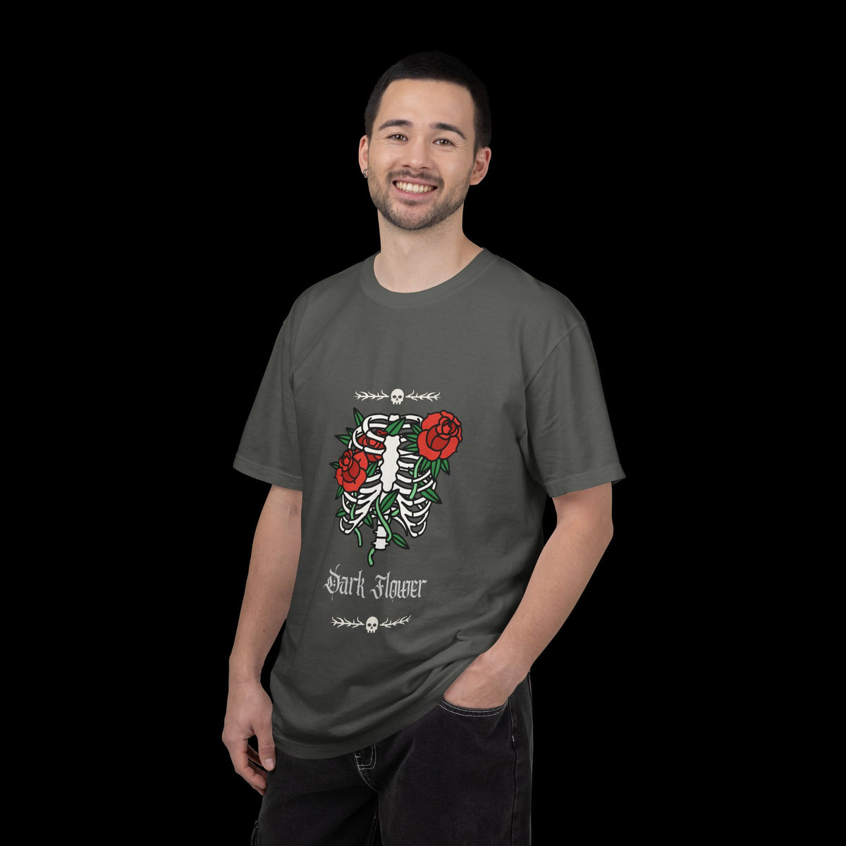 Dark Flower Ribcage Skeleton with Red Roses Graphic Tee