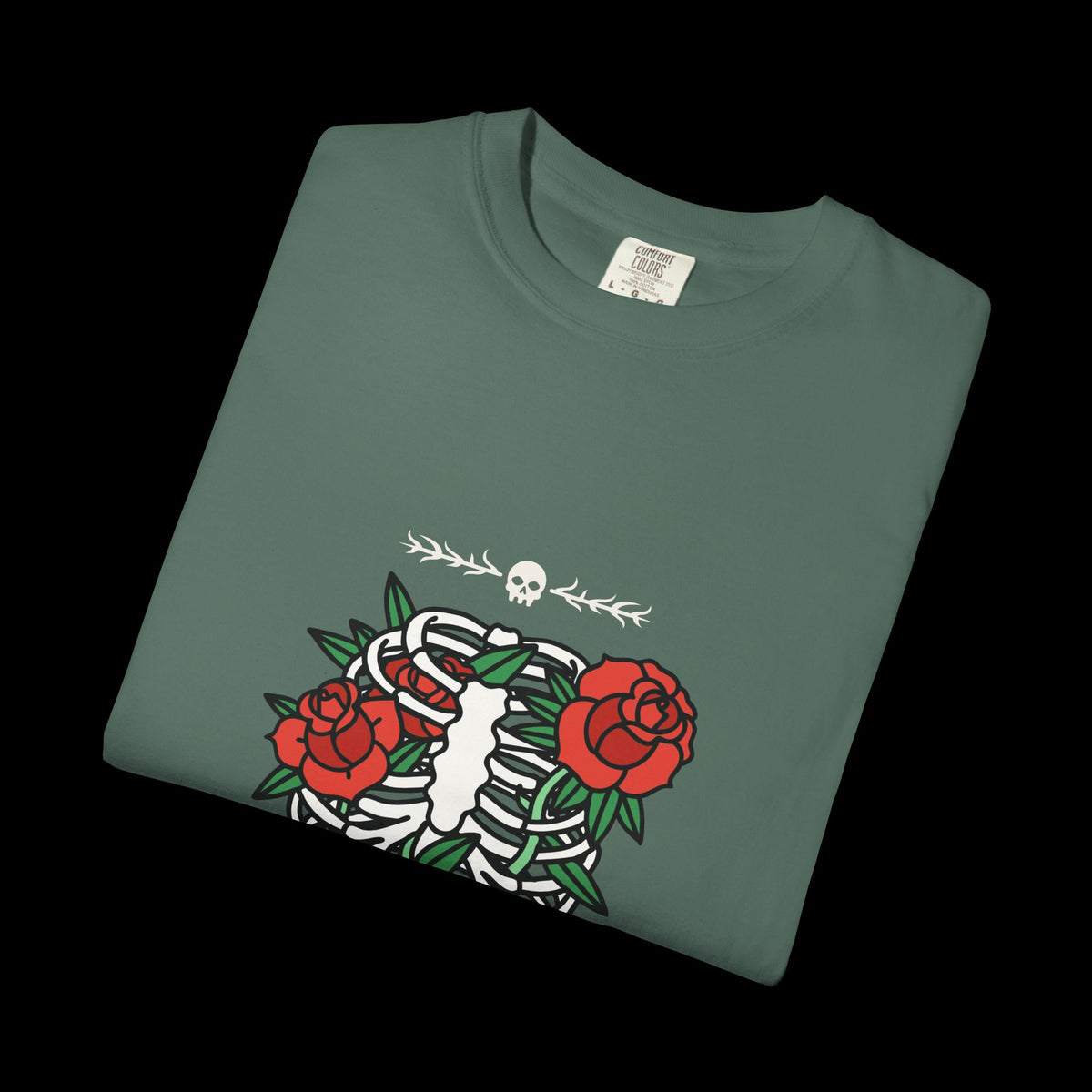 Dark Flower Ribcage Skeleton with Red Roses Graphic Tee