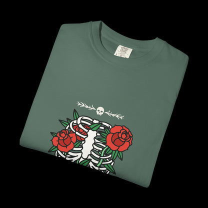 Dark Flower Ribcage Skeleton with Red Roses Graphic Tee