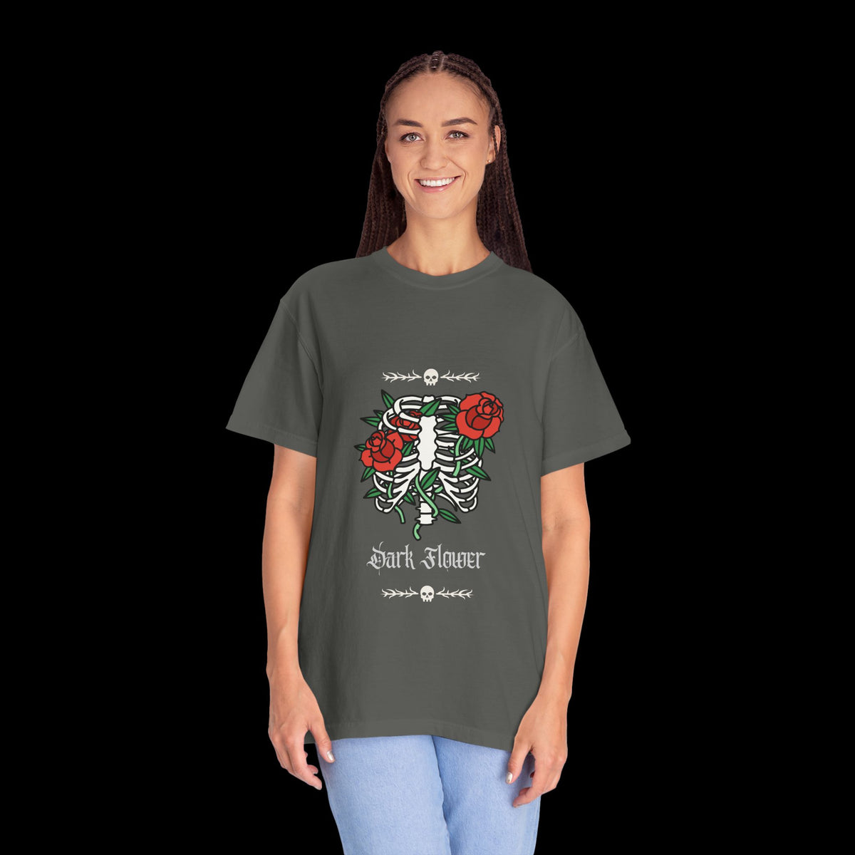 Dark Flower Ribcage Skeleton with Red Roses Graphic Tee