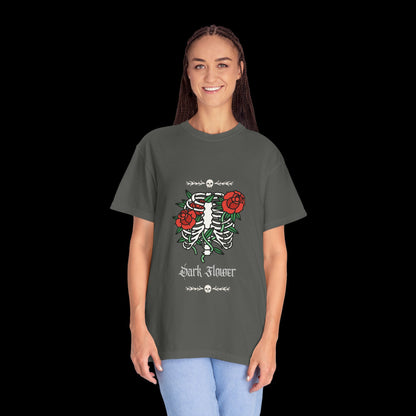 Dark Flower Ribcage Skeleton with Red Roses Graphic Tee