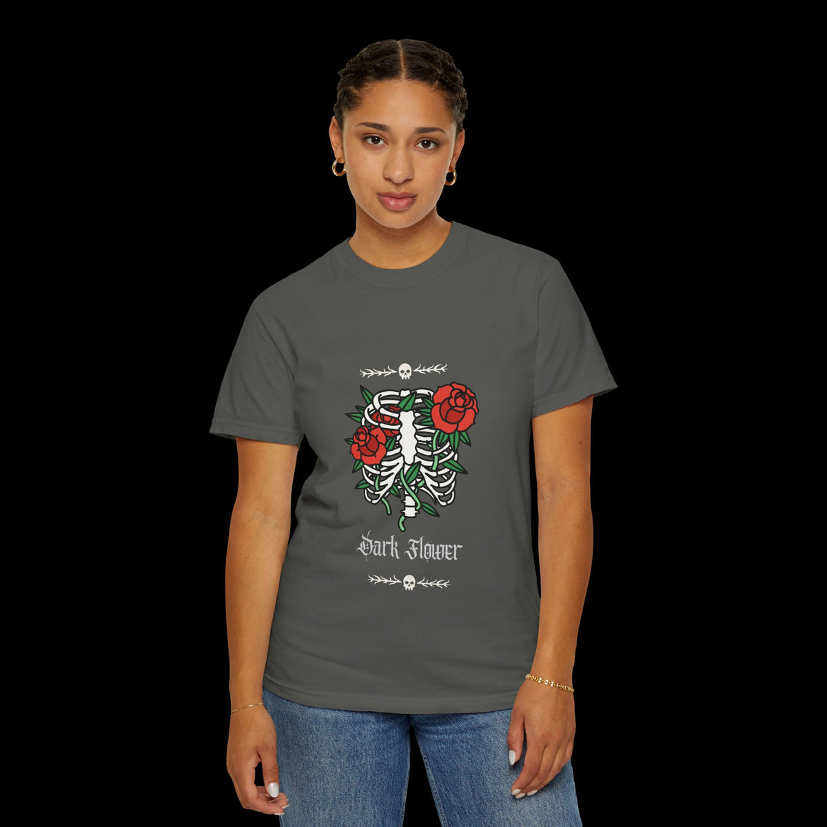 Dark Flower Ribcage Skeleton with Red Roses Graphic Tee