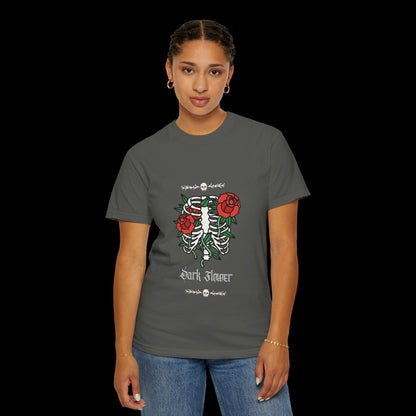 Dark Flower Ribcage Skeleton with Red Roses Graphic Tee