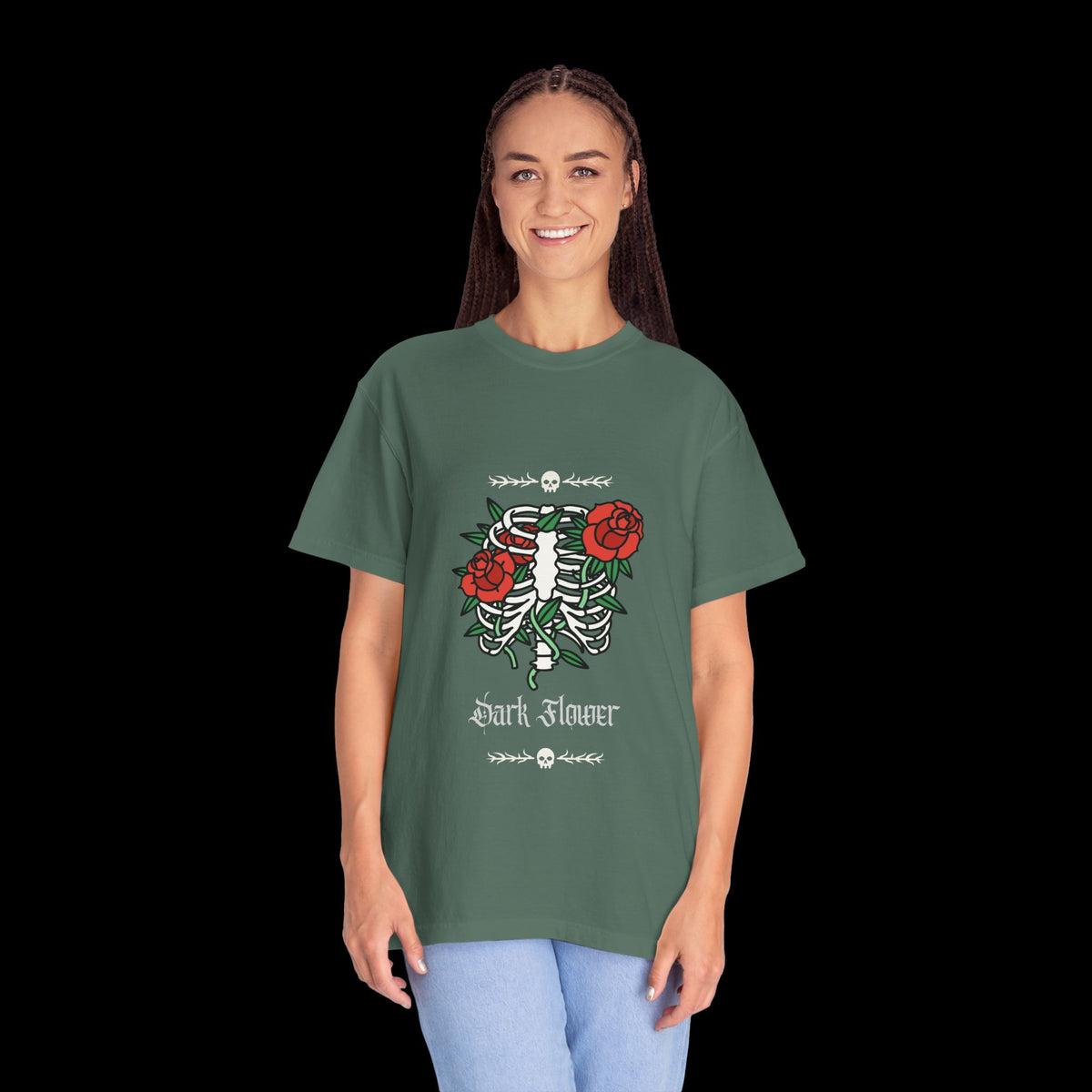 Dark Flower Ribcage Skeleton with Red Roses Graphic Tee