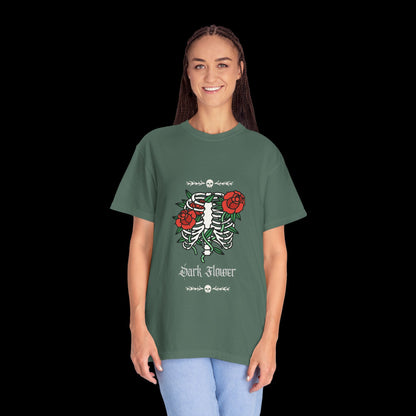 Dark Flower Ribcage Skeleton with Red Roses Graphic Tee