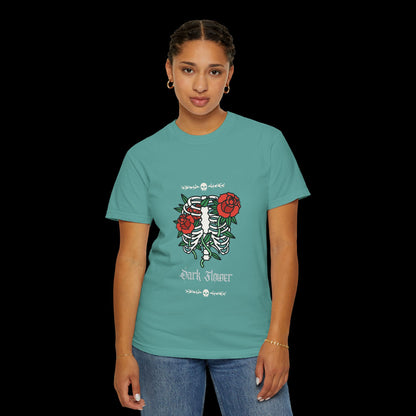 Dark Flower Ribcage Skeleton with Red Roses Graphic Tee