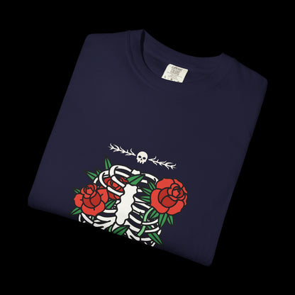 Dark Flower Ribcage Skeleton with Red Roses Graphic Tee