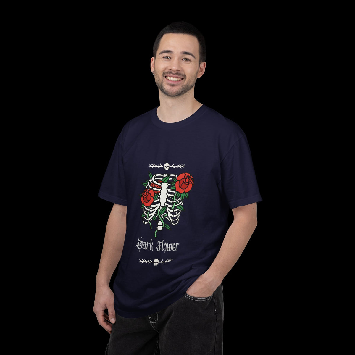Dark Flower Ribcage Skeleton with Red Roses Graphic Tee