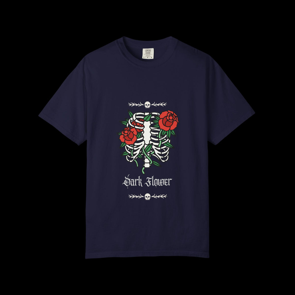 Dark Flower Ribcage Skeleton with Red Roses Graphic Tee