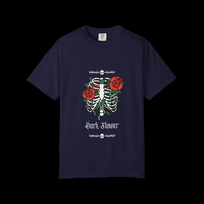 Dark Flower Ribcage Skeleton with Red Roses Graphic Tee