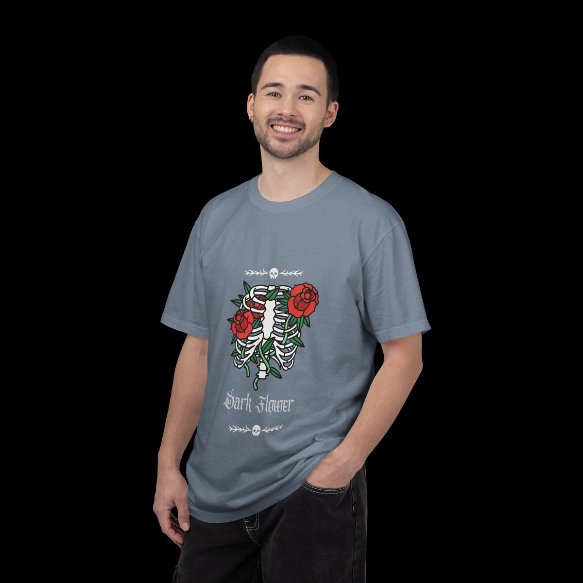 Dark Flower Ribcage Skeleton with Red Roses Graphic Tee
