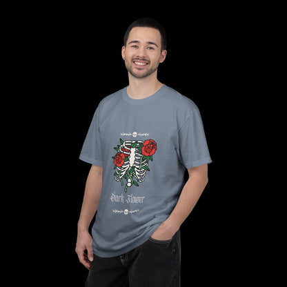 Dark Flower Ribcage Skeleton with Red Roses Graphic Tee