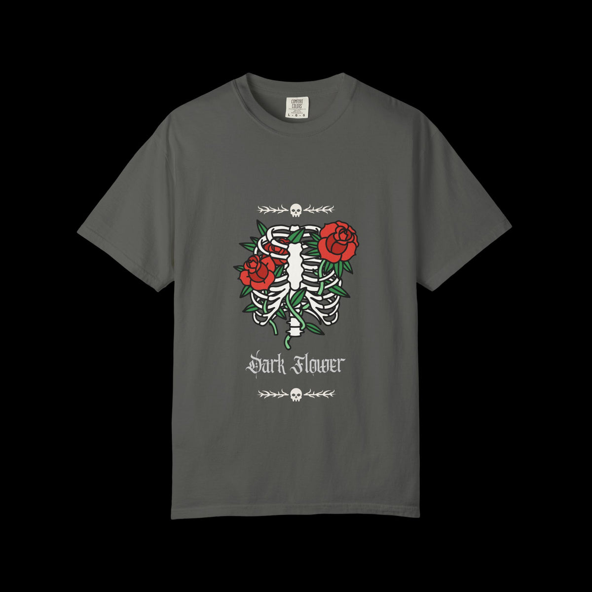 Dark Flower Ribcage Skeleton with Red Roses Graphic Tee