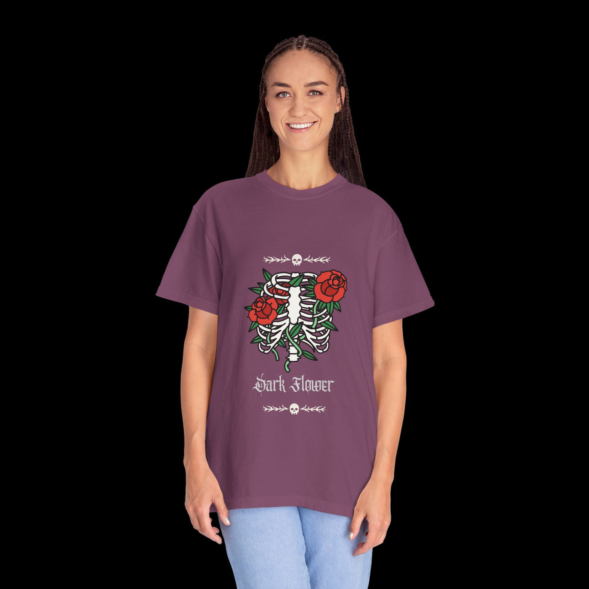 Dark Flower Ribcage Skeleton with Red Roses Graphic Tee