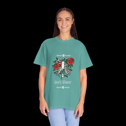 Dark Flower Ribcage Skeleton with Red Roses Graphic Tee