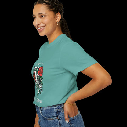 Dark Flower Ribcage Skeleton with Red Roses Graphic Tee