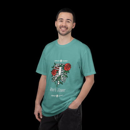 Dark Flower Ribcage Skeleton with Red Roses Graphic Tee