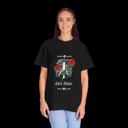 Dark Flower Ribcage Skeleton with Red Roses Graphic Tee