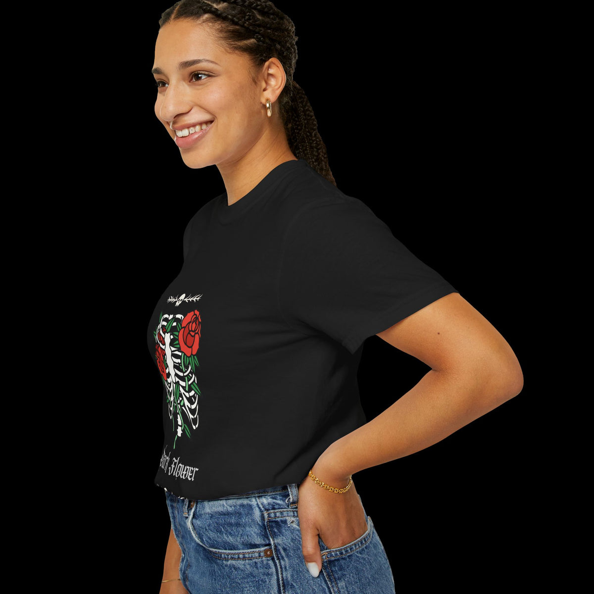 Dark Flower Ribcage Skeleton with Red Roses Graphic Tee