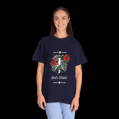 Dark Flower Ribcage Skeleton with Red Roses Graphic Tee