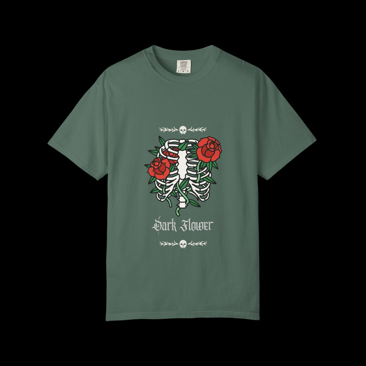 Dark Flower Ribcage Skeleton with Red Roses Graphic Tee