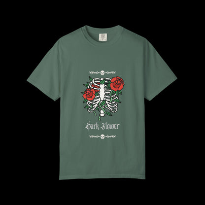 Dark Flower Ribcage Skeleton with Red Roses Graphic Tee