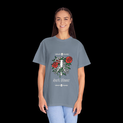 Dark Flower Ribcage Skeleton with Red Roses Graphic Tee