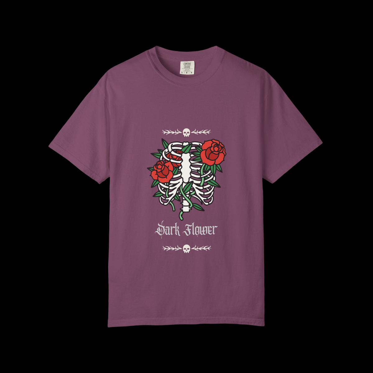 Dark Flower Ribcage Skeleton with Red Roses Graphic Tee