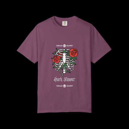Dark Flower Ribcage Skeleton with Red Roses Graphic Tee