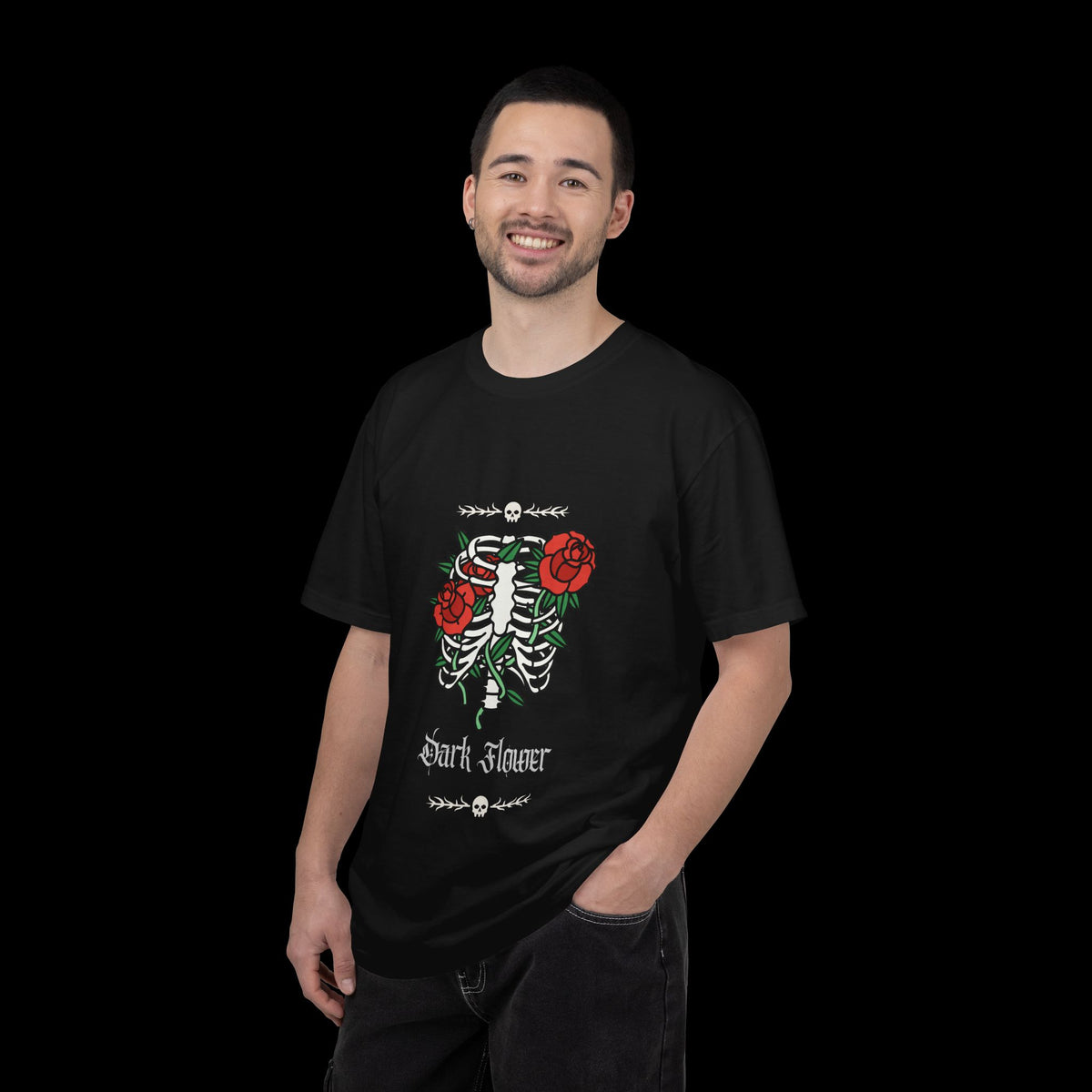 Dark Flower Ribcage Skeleton with Red Roses Graphic Tee