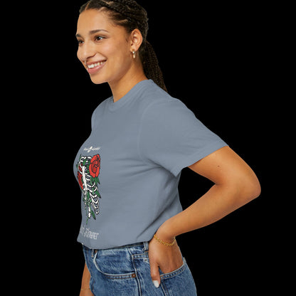 Dark Flower Ribcage Skeleton with Red Roses Graphic Tee
