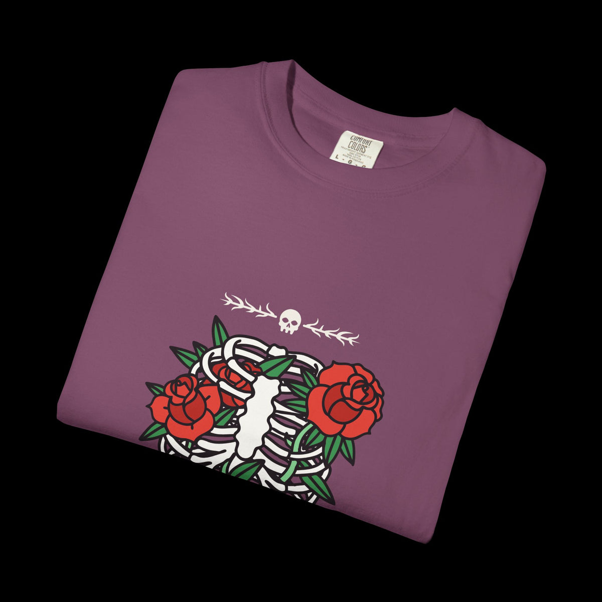 Dark Flower Ribcage Skeleton with Red Roses Graphic Tee