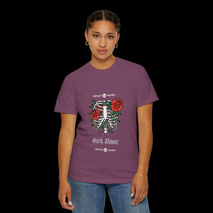 Dark Flower Ribcage Skeleton with Red Roses Graphic Tee