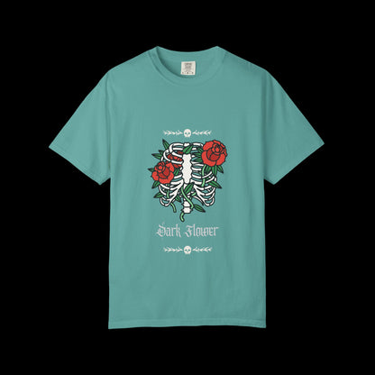 Dark Flower Ribcage Skeleton with Red Roses Graphic Tee