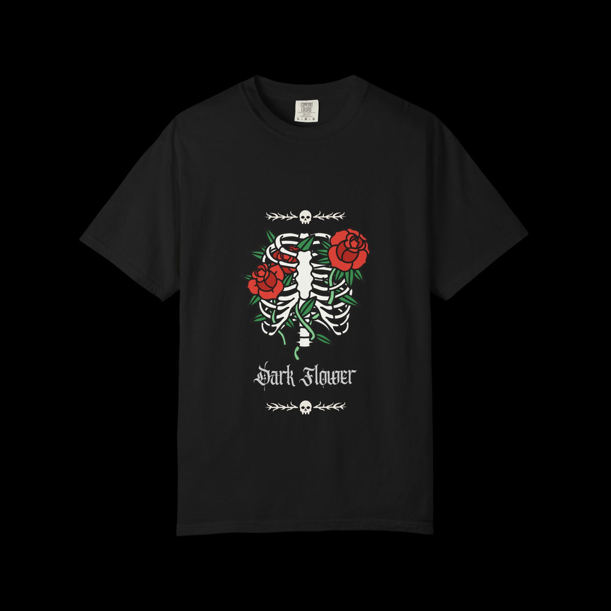 Dark Flower Ribcage Skeleton with Red Roses Graphic Tee