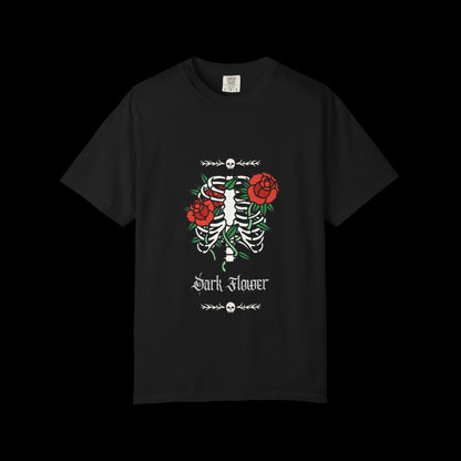 Dark Flower Ribcage Skeleton with Red Roses Graphic Tee