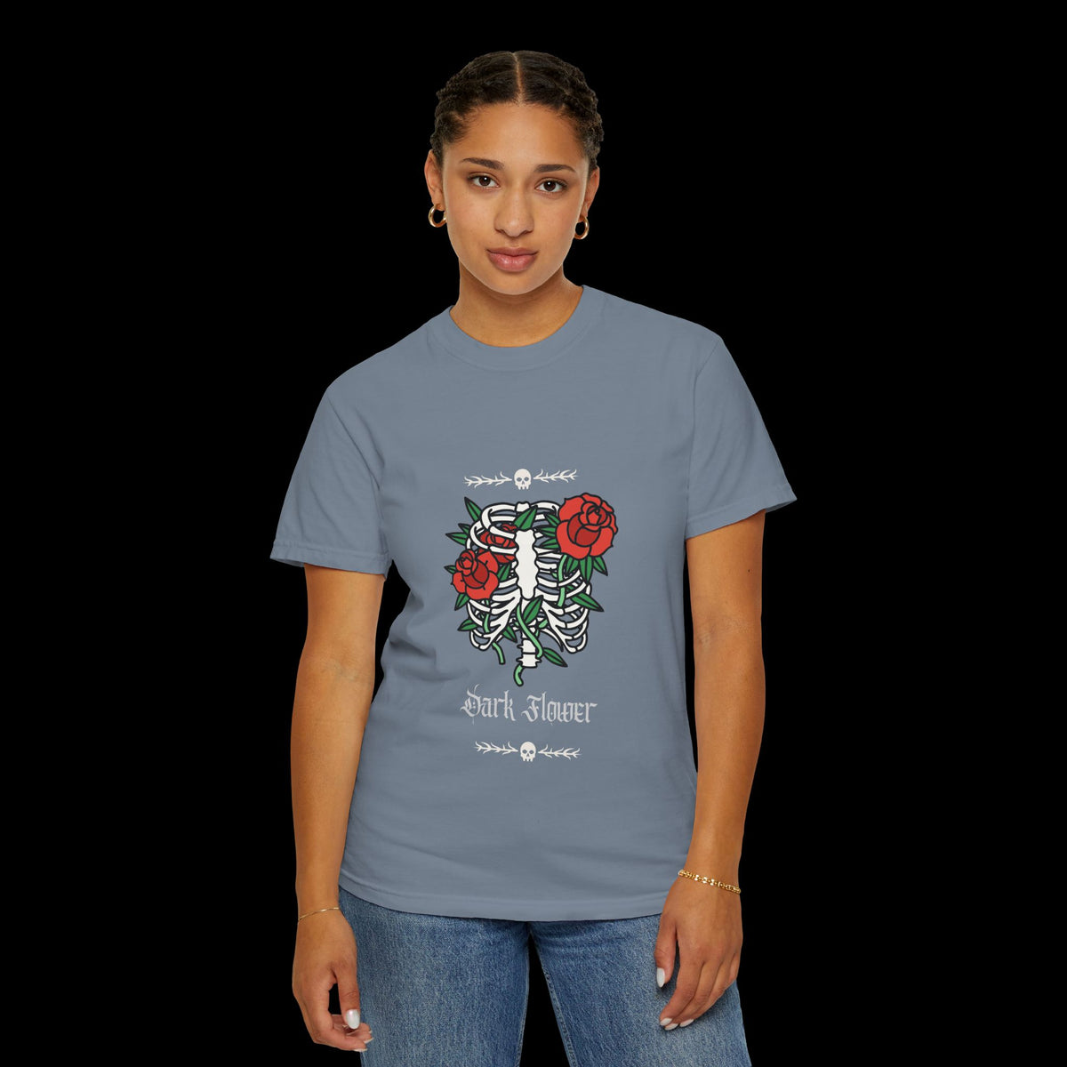 Dark Flower Ribcage Skeleton with Red Roses Graphic Tee