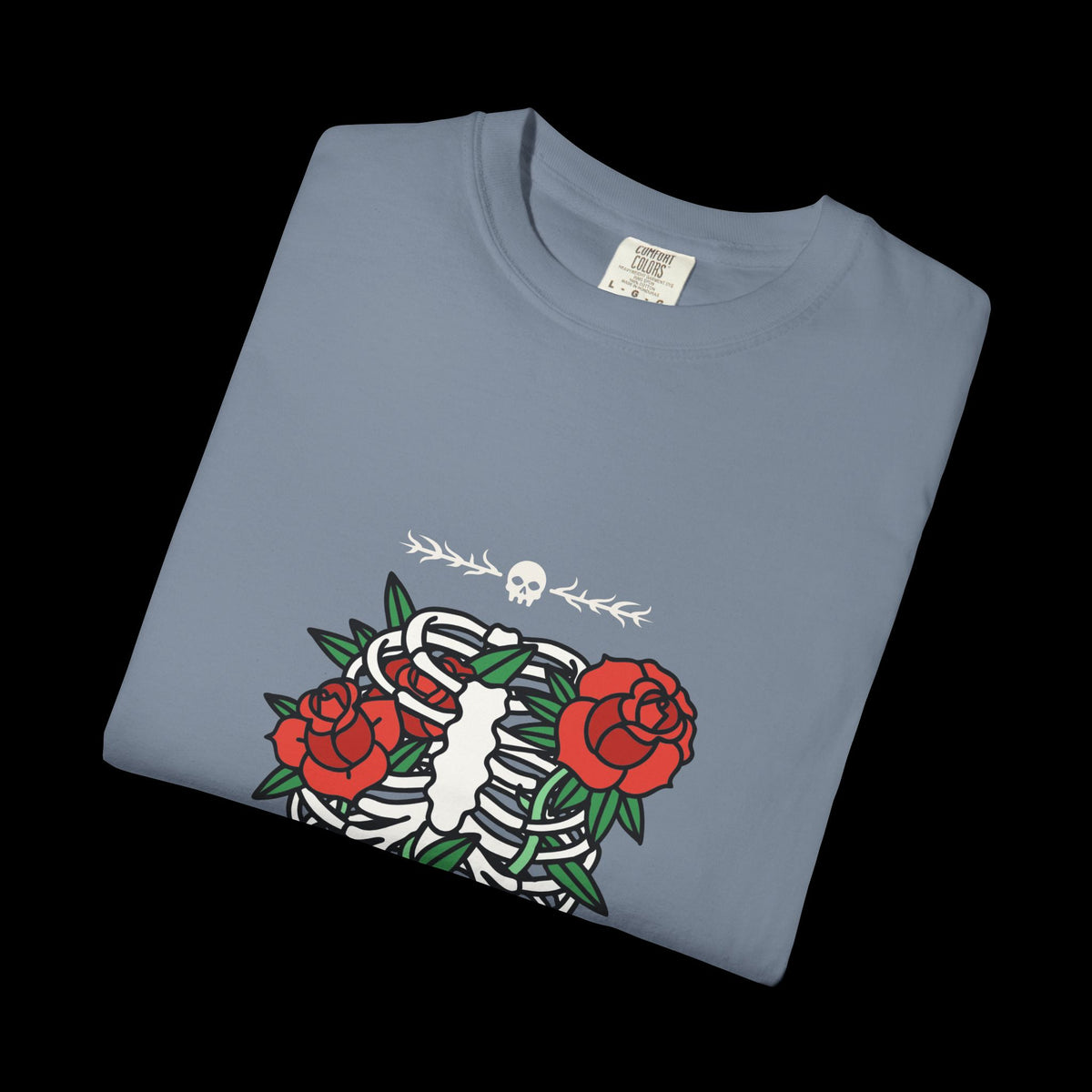 Dark Flower Ribcage Skeleton with Red Roses Graphic Tee