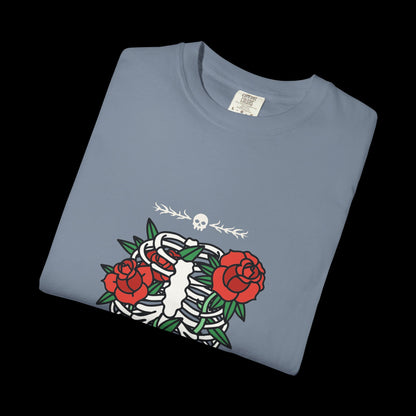 Dark Flower Ribcage Skeleton with Red Roses Graphic Tee