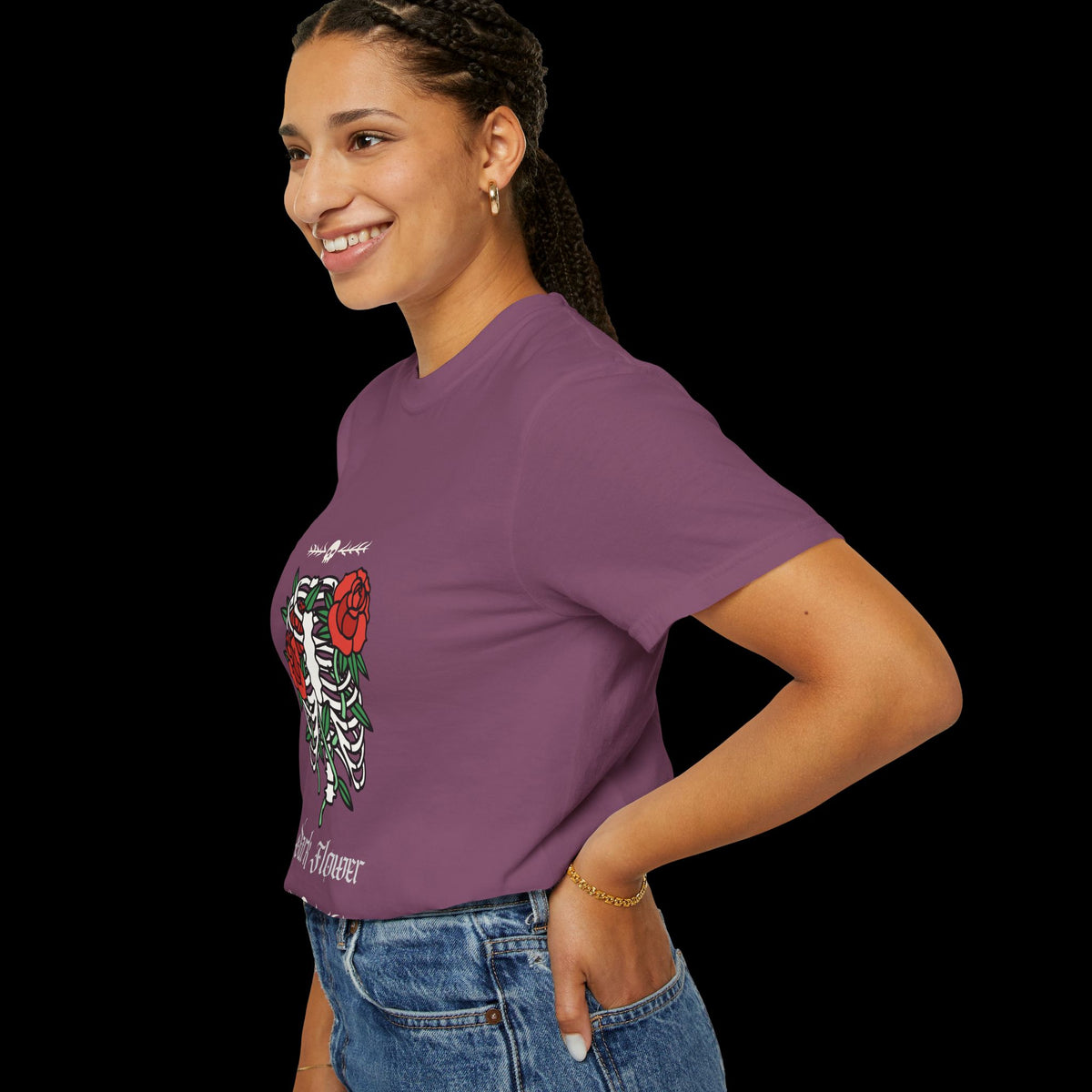 Dark Flower Ribcage Skeleton with Red Roses Graphic Tee