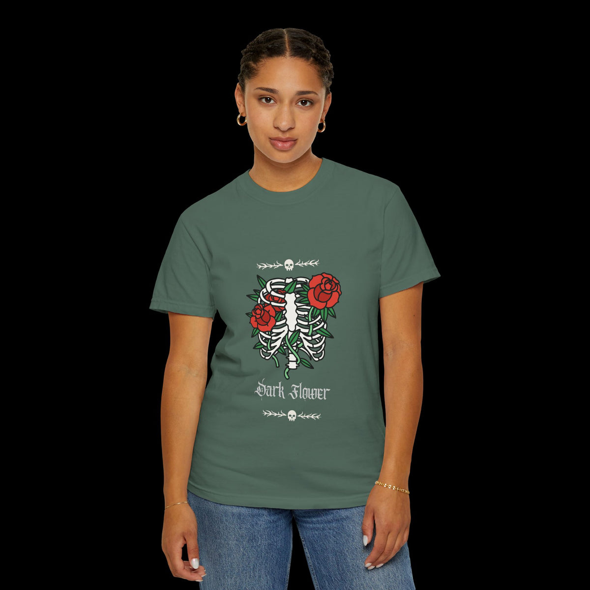 Dark Flower Ribcage Skeleton with Red Roses Graphic Tee