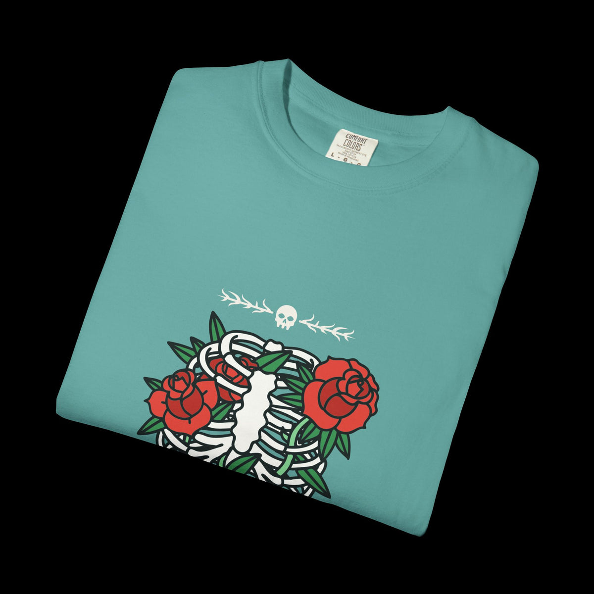 Dark Flower Ribcage Skeleton with Red Roses Graphic Tee